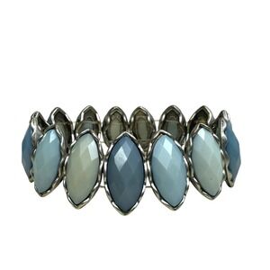 Silver Tone Faceted Acrylic Bead Bracelet Blue‎ Stretch Fashion Jewelry Size 6.5